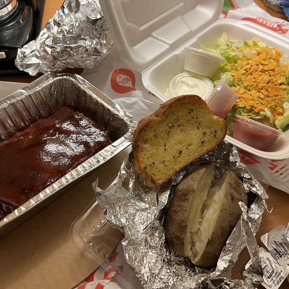 Vince's Restaurant & Pizzeria - 1/2 rack BBQ ribs - garlic bread, potato & dorito salad. - Italian Near Me - Monroe, Wisconsin