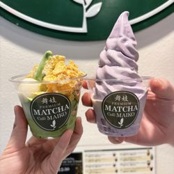 Premium Matcha Cafe Maiko - Kids matcha softserve add cornflakes, condensed milk, mochi ball Regular taro softserve add condensed milk