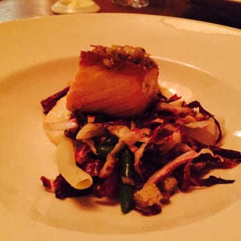 Eleven - Seared (almost crispy) salmon on creamy polenta with vinegary salad accompaniment. - New American Near Me - Pittsburgh, Pennsylvania