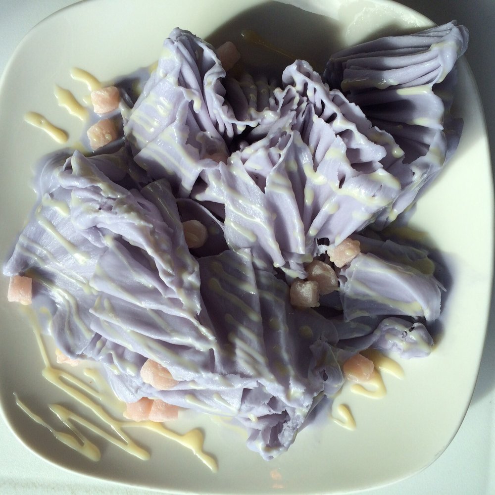 Mo Cha Tea House - taro snow shaved cream topped with sweetened condensed milk and mochi - Desserts Near Me - Beaverton, Oregon Mo Cha Tea House - taro snow shaved cream topped with sweetened condensed milk and mochi - Desserts Near Me - Beaverton, Oregon