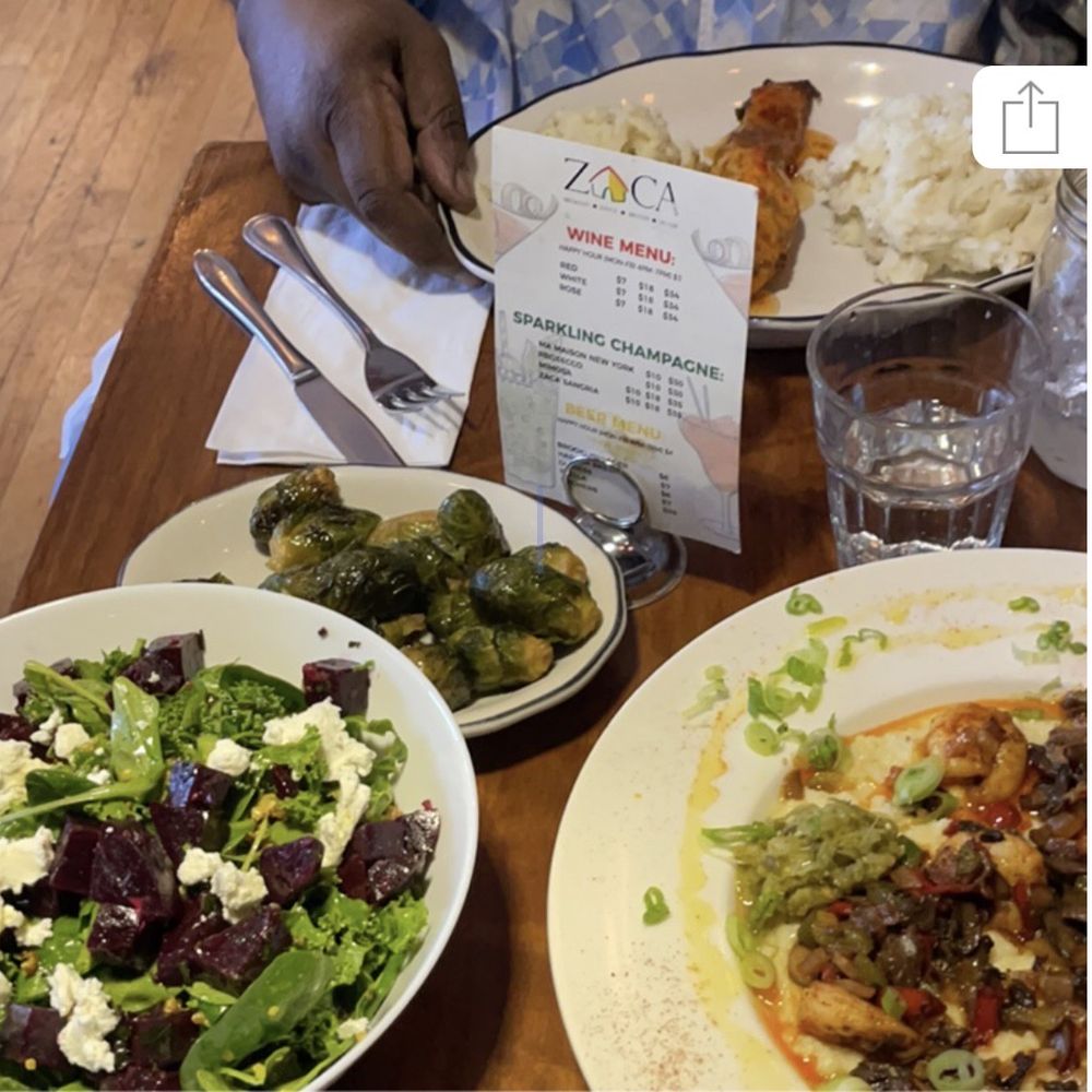 Zaca Cafe - Beet and goat cheese salad/shrimp and grits/Sautéed Brussels Sprouts/salmon with mashed potatoes - Coffee & Tea Near Me - Brooklyn, New York Zaca Cafe - Beet and goat cheese salad/shrimp and grits/Sautéed Brussels Sprouts/salmon with mashed potatoes - Coffee & Tea Near Me - Brooklyn, New York