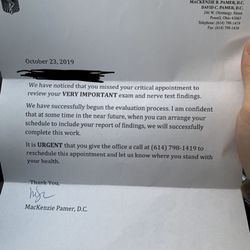 Pamer Family Chiropractic - "Urgent" letter after I didn't go to a consultation appointment.