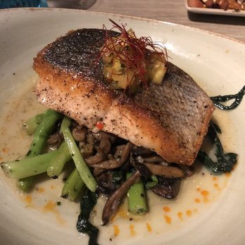 Herringbone Waikiki - King Salmon with mushrooms and choy sum in a buttery sauce ($38) - Seafood Near Me - Honolulu, Hawaii