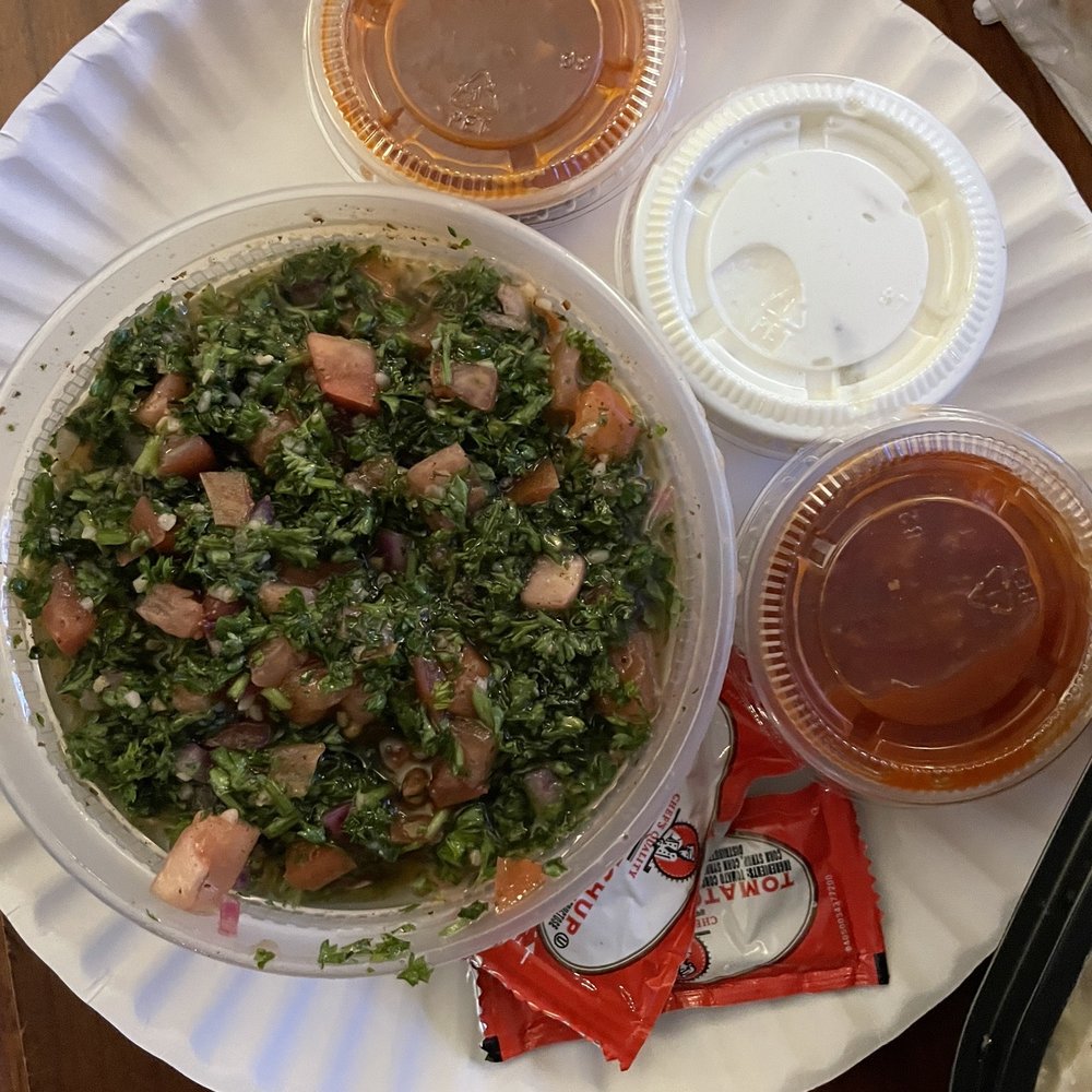Cedars Mediterranean Grill - 4/18/23: small tabouleh salad, tzatziki, 2 x house hot sauce - Greek Near Me - Stroudsburg, Pennsylvania