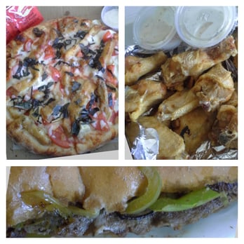 Bambino's Pizza - Clockwise: Buffalo chicken wings, Philly cheese steak sandwich and the Mediterranean pizza. - Italian Near Me - Carson, California