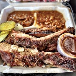 Flossie's BBQ - 2 meat combo, Ribs and Brisket, with double Beans.