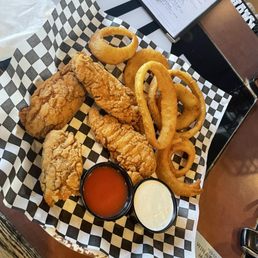 Chicken fingers and onion rings. Chicken fingers and onion rings.