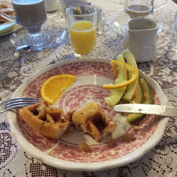 Julian Gold Rush Hotel - Breakfast waffle with apples and fruit. OJ and coffee too. - Hotels Near Me - Julian, California Julian Gold Rush Hotel - Breakfast waffle with apples and fruit. OJ and coffee too. - Hotels Near Me - Julian, California