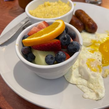 Lucy in the Rye - Two Egg Breakfast with local sausage, grits and fruit - Breakfast & Brunch Near Me - Sylva, North Carolina