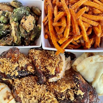 The Chicken Koop - Garlic Chicken, Brussels sprouts, sweet potato fries, naan bread. - New American Near Me - Whittier, California The Chicken Koop - Garlic Chicken, Brussels sprouts, sweet potato fries, naan bread. - New American Near Me - Whittier, California