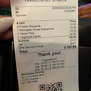 Parrilladas Sunrise - Outrageous!!!! 20% gratuity for two people sitting at the bar for less than two hours. Never again. - Mexican Near Me - Jackson Heights, New York Parrilladas Sunrise - Outrageous!!!! 20% gratuity for two people sitting at the bar for less than two hours. Never again. - Mexican Near Me - Jackson Heights, New York