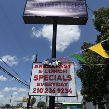 Monitas Mexican Restaurant - The official sign of the restaurant and showing daily breakfast and lunch specials with a phone number - Tacos Near Me - San Antonio, Texas Monitas Mexican Restaurant - The official sign of the restaurant and showing daily breakfast and lunch specials with a phone number - Tacos Near Me - San Antonio, Texas