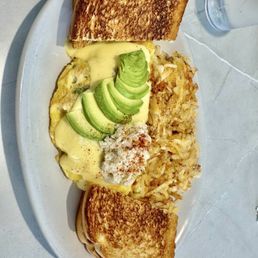 Shrimply the best ... awesome omelette with shrimp, crab, avocado, cheddar, cilantro and side of hash browns and toast Shrimply the best ... awesome omelette with shrimp, crab, avocado, cheddar, cilantro and side of hash browns and toast