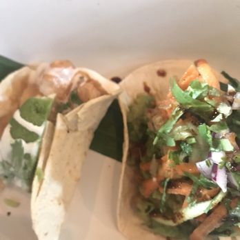 Tres Galeones - Shrimp taco and another soft shell taco on the right - Seafood Near Me - Tulum, ROO