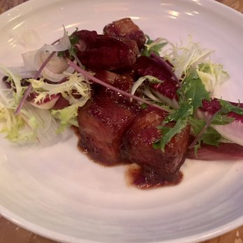 The Lark - Cripsy Duroc Pork Belly with a sweet strawberry like sauce. - New American Near Me - Santa Barbara, California