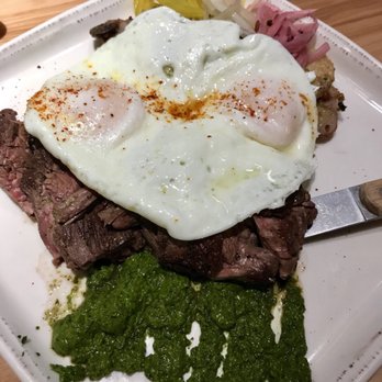 Overeasy - Steak and Eggs with blue potatoes - New American Near Me - Dallas, Texas