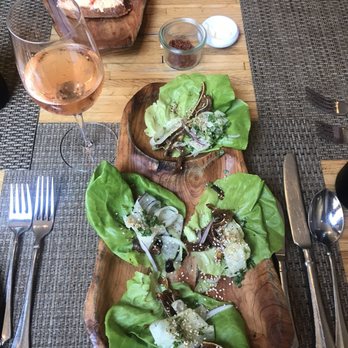 Husk - Pimento cheese crostini, rosé, and Kentuckyaki Pigs Ear Lettuce Wraps - American Near Me - Charleston, South Carolina