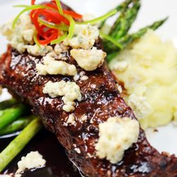 Grilled NY Strip with smoked moody bleu cheese & peppercorn brandy demi, cheddar mash or baked potato & grilled asparagus