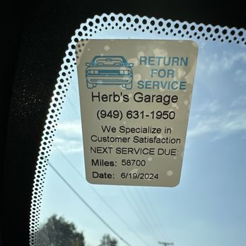 Herb's Garage - Stickers to remind next service due - Auto Repair Near Me - Costa Mesa, California