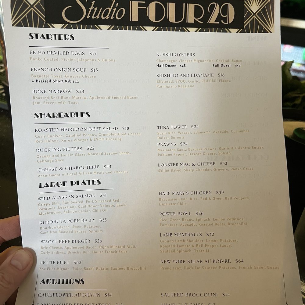Studio Four29 - Dinner menu - New American Near Me - Upland, California Studio Four29 - Dinner menu - New American Near Me - Upland, California