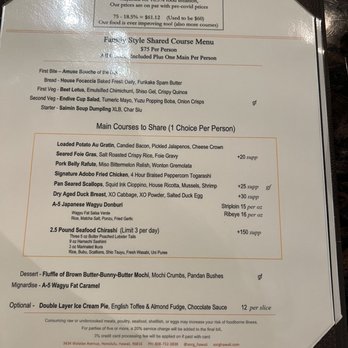 XO Restaurant - Menu for the night - Asian Fusion Near Me - Honolulu, Hawaii