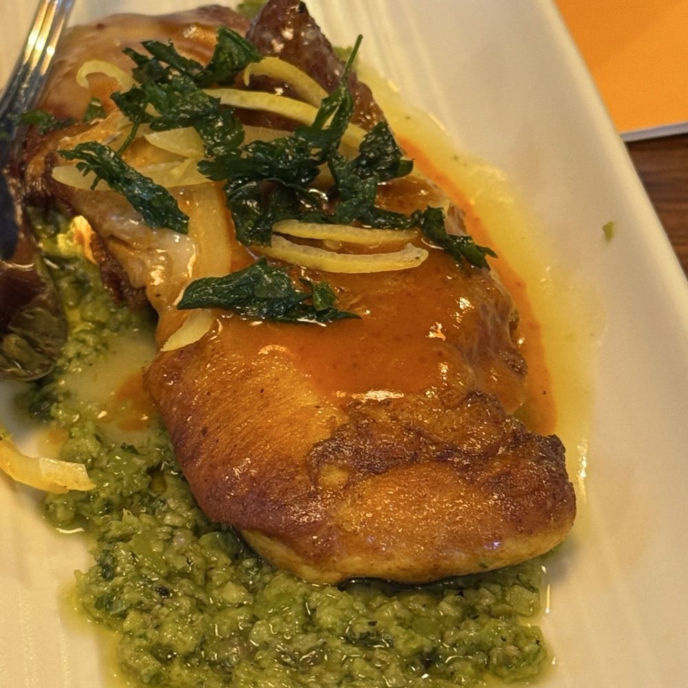 Bravas Bar de Tapas - Crispy Skin Chicken Thighs, Green Olive Tapenade, Aleppo Vinaigrette** - Spanish Near Me - Healdsburg, California