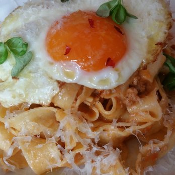Ask For Luigi - Brunch parpadelle bolognese with fried egg. - Italian Near Me - Vancouver, British Columbia Ask For Luigi - Brunch parpadelle bolognese with fried egg. - Italian Near Me - Vancouver, British Columbia