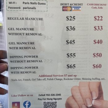 PARIS NAILS AND LASHES - Price list for manicures. Always cheaper to use Zelle or cash! - Nail Salons Near Me - Las Vegas, Nevada PARIS NAILS AND LASHES - Price list for manicures. Always cheaper to use Zelle or cash! - Nail Salons Near Me - Las Vegas, Nevada