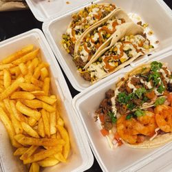 The Dude’s Foods - Steak Texas Tacos, steak and shrimp tacos, seasoned fries