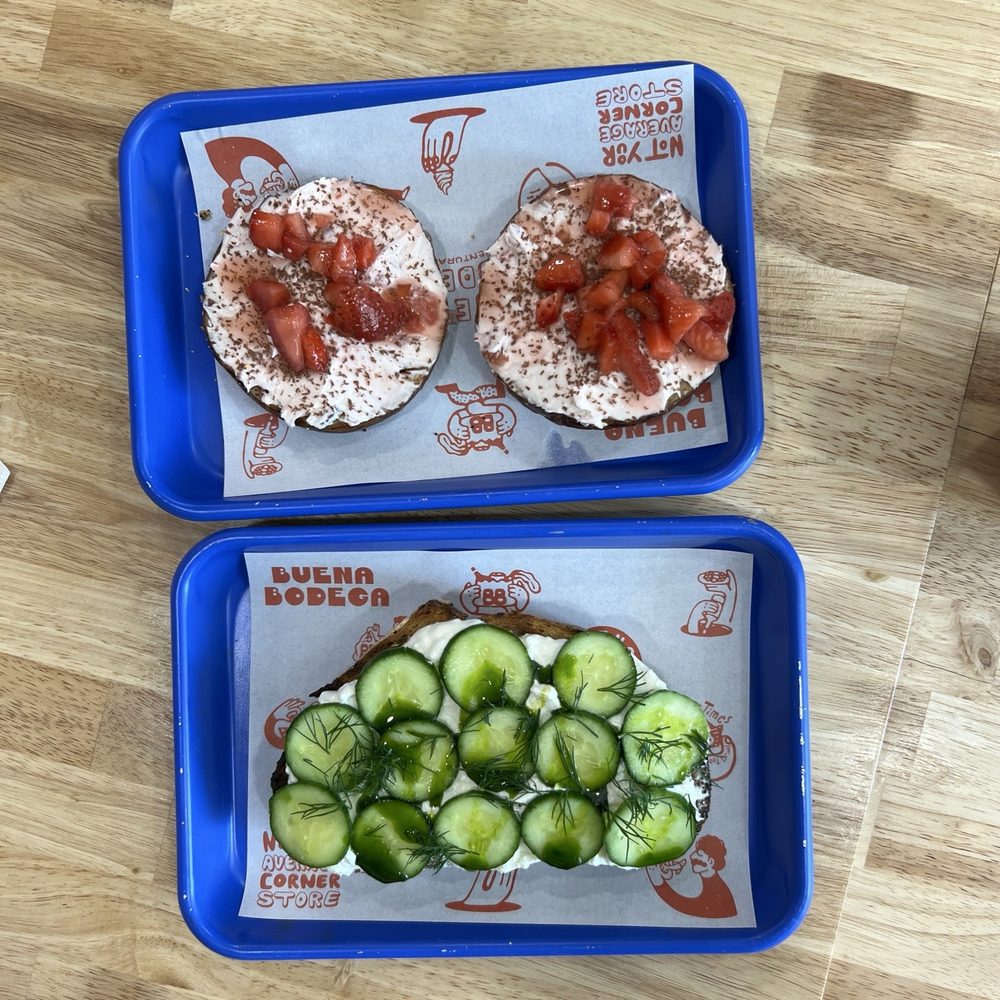 Buena Bodega - Strawberry bagel special,  toast with whipped feta and cucumber. - Coffee & Tea Near Me - Ventura, California