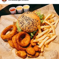 Vera's Burger Shack - Canuck burger with onion rings, fries and jalapeño poppers