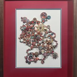 Artistic Picture Framing - Custom deep shadowbox frame with a rich red shadow-walls, double matting, and a dark wood finish to showcase intricate 3D quilling art