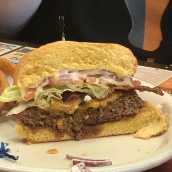 Cozy Corner Cafe - 1/2 lb Bacon Cheeseburger (Colby Jack) w/ lettuce, tomatoes, onions & mayo w/ onion rings! Deeelicious! Took the other half home! - Breakfast & Brunch Near Me - Mesa, Arizona