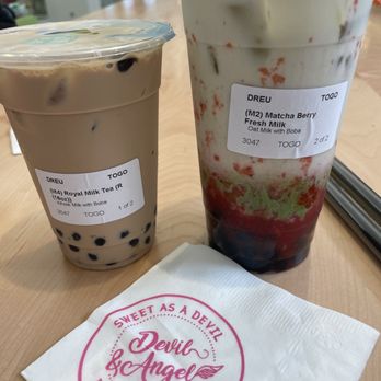 Devil & Angel - Royal milk tea with boba Strawberry matcha with boba - Desserts Near Me - Daly City, California