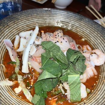 Seoul Pocha - Mulhoe (Sashimi in spicy and tangy cold soup) - Korean Near Me - Gainesville, Florida Seoul Pocha - Mulhoe (Sashimi in spicy and tangy cold soup) - Korean Near Me - Gainesville, Florida