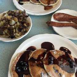 The Original Pancake House - We split the Blueberry Pancakes, a Thick Sliced Bacon - Half (190 Calories), and Homemade Cubed Style Hash Browns.