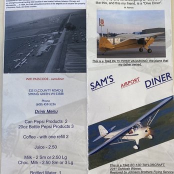 Sam’s Airport Diner - Menu - Front & Back - American Near Me - Spring Green, Wisconsin Sam’s Airport Diner - Menu - Front & Back - American Near Me - Spring Green, Wisconsin