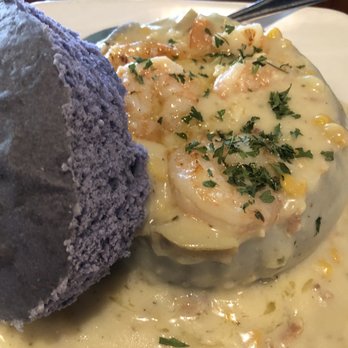 Pounders Restaurant - Shrimp corn chowder in taro bowl - Pizza Near Me - Laie, Hawaii