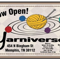Yarniverse - New logo card with address and hours