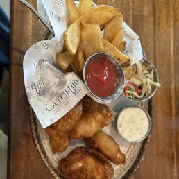 Fish and chip dinner, with side of coleslaw
