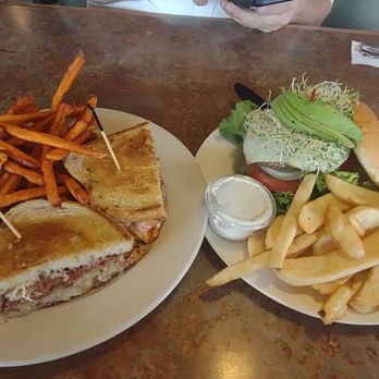 Nano Cafe - Left, Ruben Sandwich with sweet potato fries and Ca burger with avocado, alfalfa sprouts and steak fries. EXCELLENT! - American Near Me - Monrovia, California Nano Cafe - Left, Ruben Sandwich with sweet potato fries and Ca burger with avocado, alfalfa sprouts and steak fries. EXCELLENT! - American Near Me - Monrovia, California