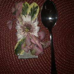 The Herb and Garden - The "larger" of 2 corsages I ordered for our anniversary party. This is a teaspoon next to it.