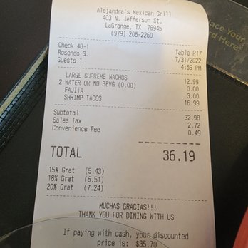 Alejandras Mexican Grill - Dat bill - Tex-Mex Near Me - La Grange, Texas