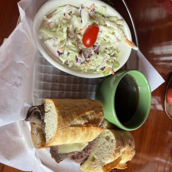 Nepenthe - French Dip sandwich and coleslaw - New American Near Me - Big Sur, California Nepenthe - French Dip sandwich and coleslaw - New American Near Me - Big Sur, California