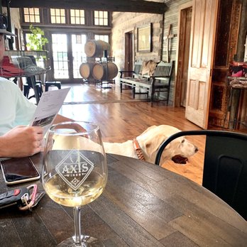 Axis Winery - a glass of wine and a dog - Wineries Near Me - Salado, Texas