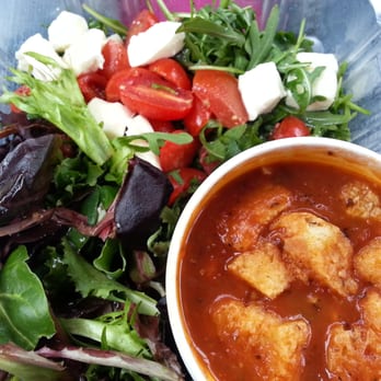 Corner Bakery - Trio- 2 Mozzarella Tomato Arugula salads and a cup of Roasted Tomato Basil soup. Oh and a side of mixed greens thrown in there. - Breakfast & Brunch Near Me - Warrenville, Illinois
