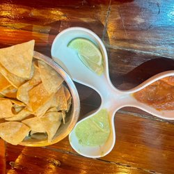 La Panga De Mejj - Freshly made chips with salsa. The green sauce is my favorite but it's extra spicy. The red one is not spicy.