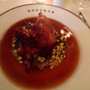 Bouchon - Roast chicken, corn, mushroom, jus - French Near Me - Yountville, California Bouchon - Roast chicken, corn, mushroom, jus - French Near Me - Yountville, California