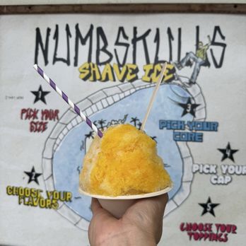 Numbskulls - Little gnar (small) mango and passion fruit with vanilla ice cream. - Shaved Ice Near Me - Encinitas, California Numbskulls - Little gnar (small) mango and passion fruit with vanilla ice cream. - Shaved Ice Near Me - Encinitas, California