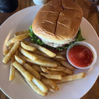 The Loaded Goat - regular burger with everything on it and side of fries - Sports Bars Near Me - Mount Airy, North Carolina The Loaded Goat - regular burger with everything on it and side of fries - Sports Bars Near Me - Mount Airy, North Carolina